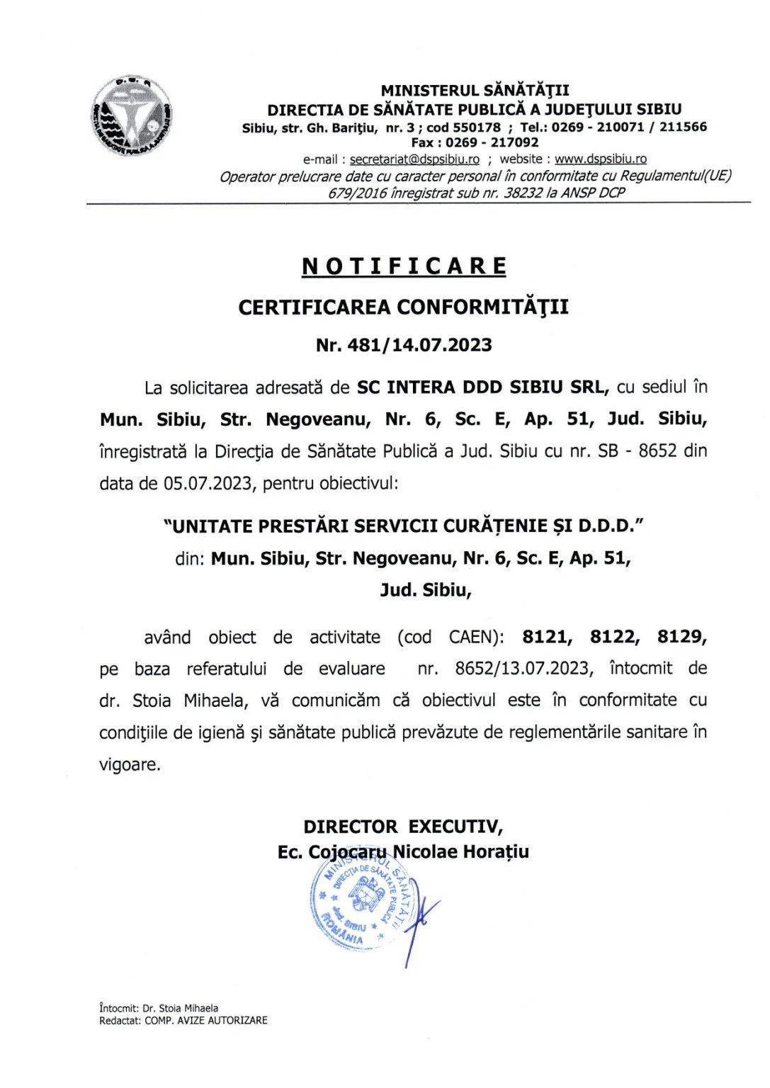 Autorizație DSP – Certificarea Conformității Intera DDD Sibiu
