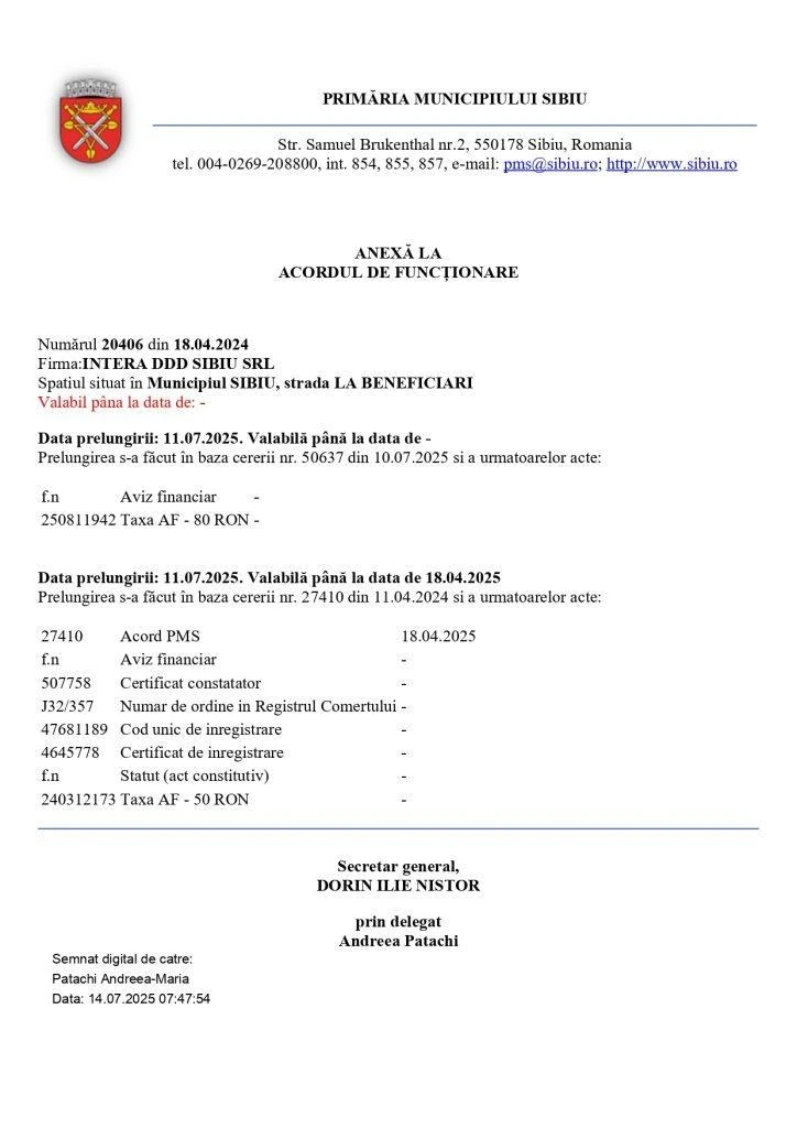 Fișa de valabilitate — Acord de Funcționare Primăria Sibiu