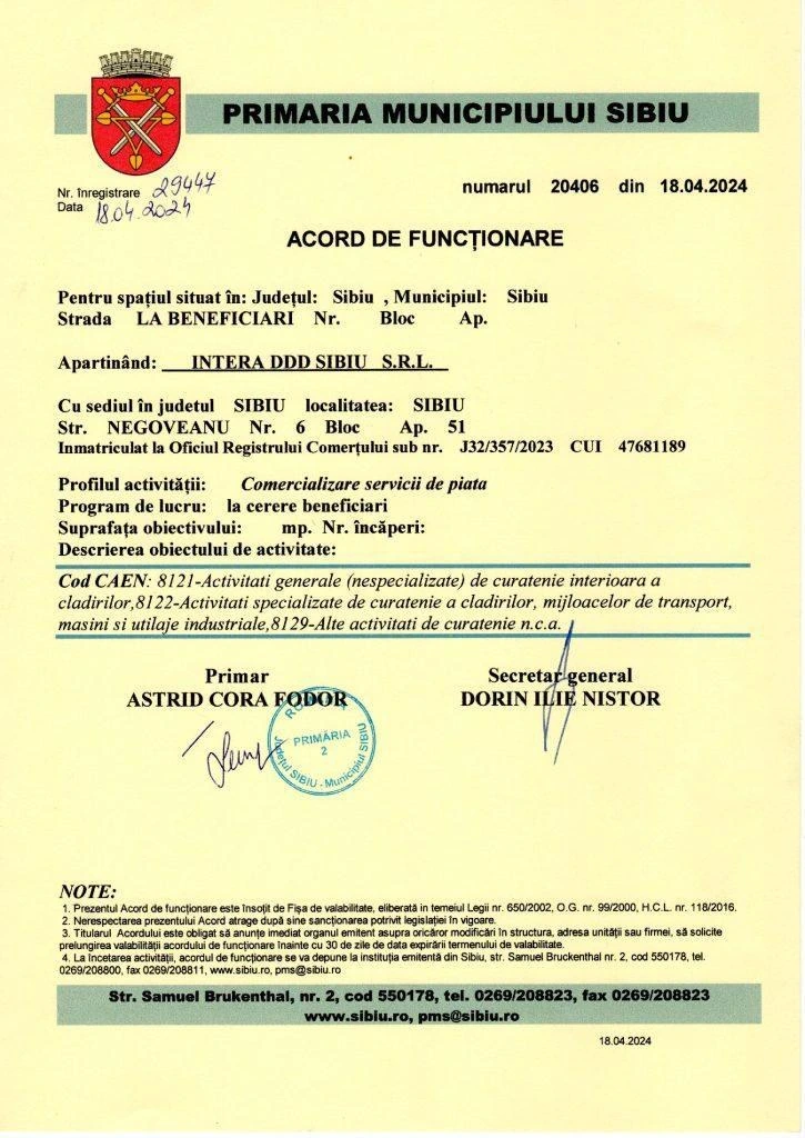 Acord de Funcționare – Primăria Municipiului Sibiu