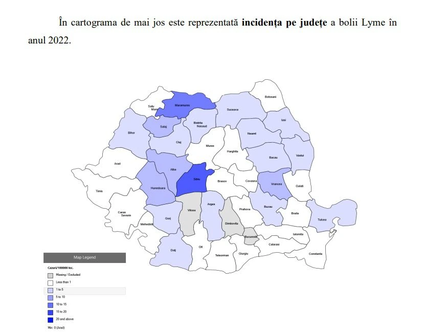 Harta incidenței pe județe a bolii Lyme în România — Sibiul pe primul loc în țară