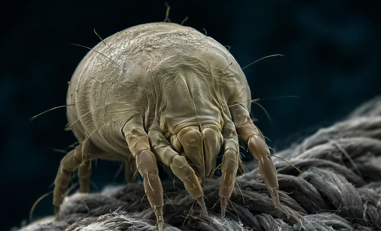 Acarian al prafului la microscop — principalul alergen din saltele și textile