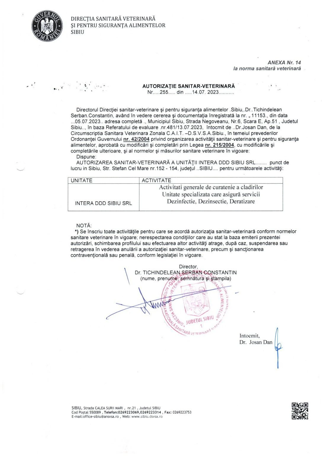 Autorizație Sanitar-Veterinară ANSVSA Intera DDD Sibiu
