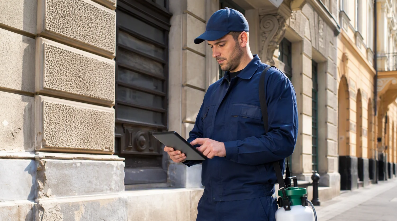 Tehnician Intera DDD cu tabletă de intervenție în Piața Mare din Sibiu