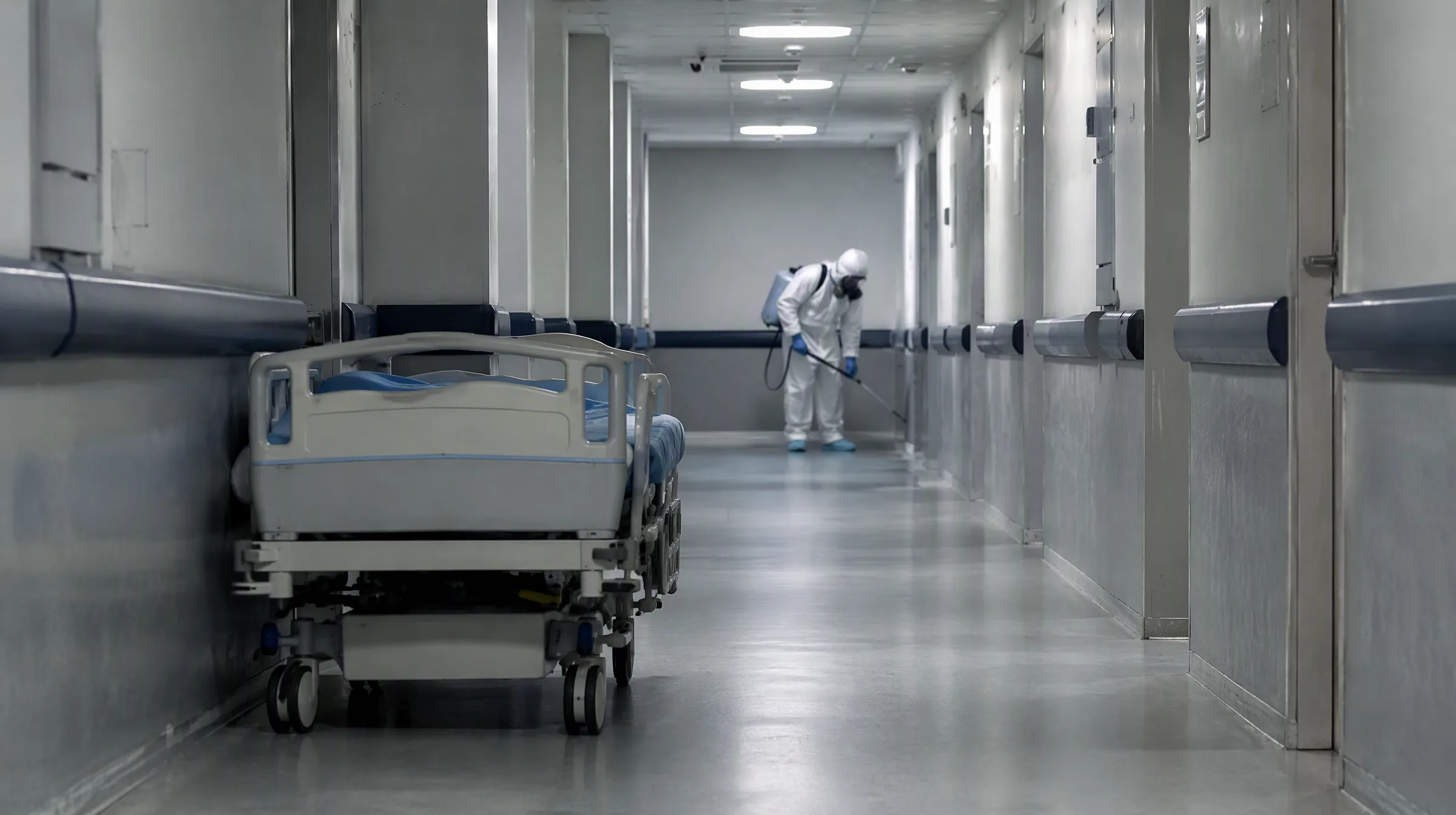 Coridor de spital în timpul unei proceduri de dezinsecție profesională