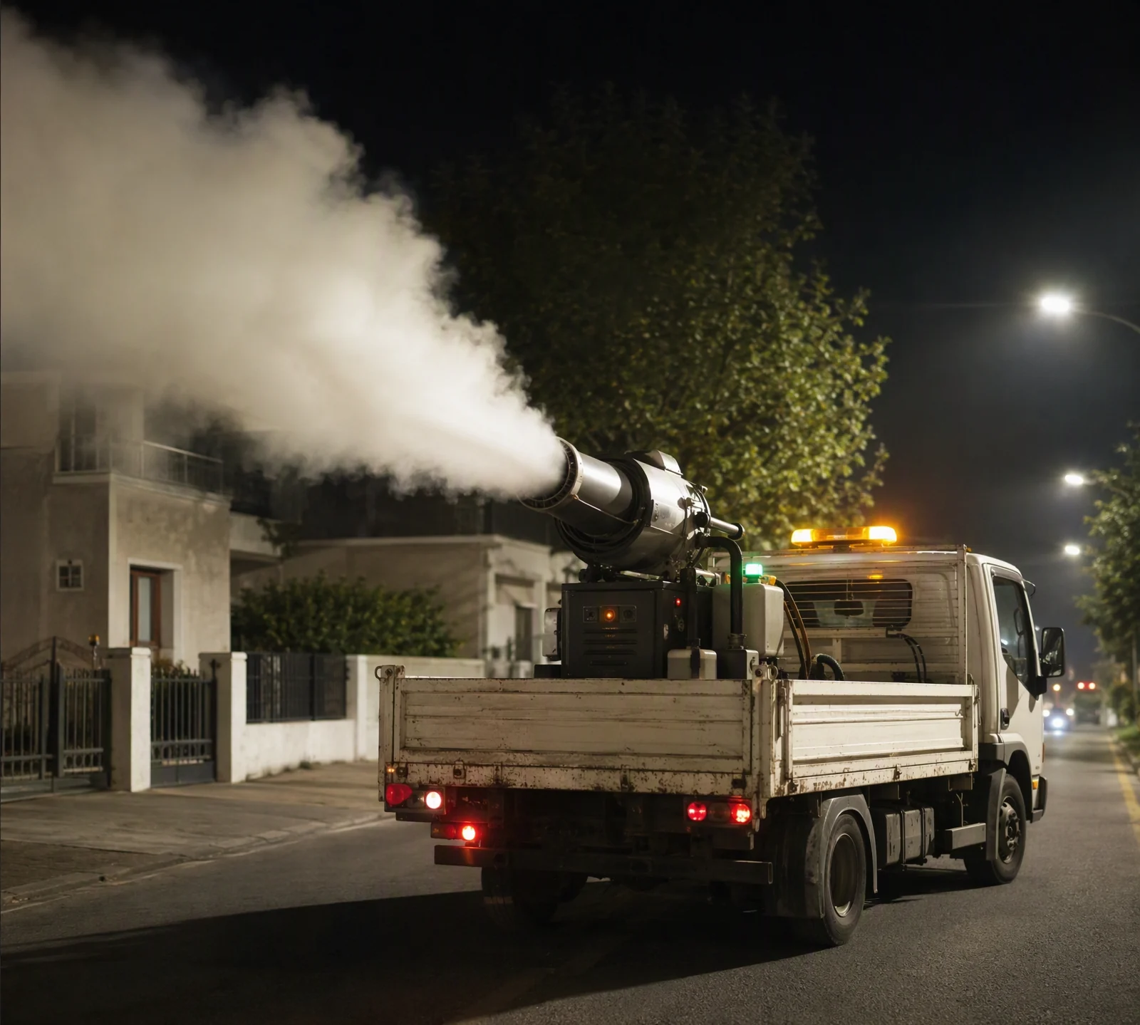 Autospeciala Intera DDD cu utilaj de termonebulizare în timpul unei intervenții nocturne de dezinsecție urbană în Sibiu