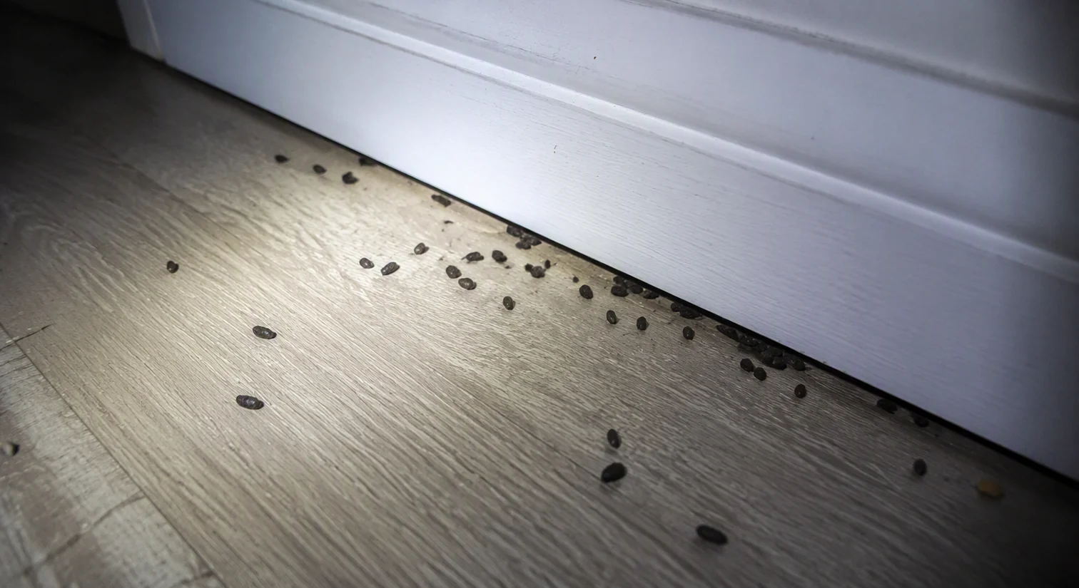 Excremente de șobolani lângă plinte — semn tipic al unei infestări
