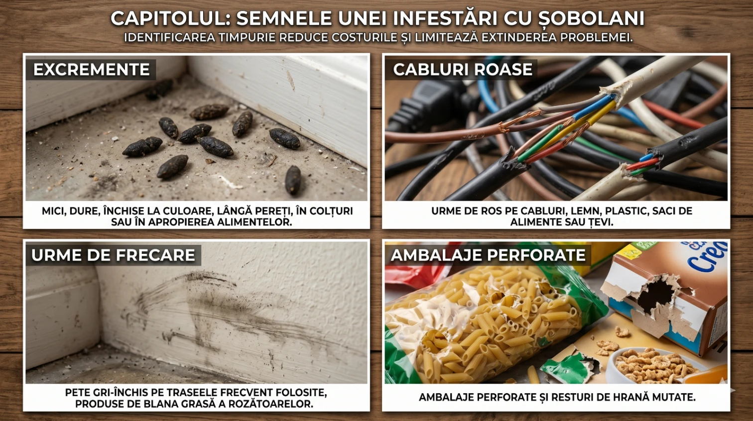 Semnele unei infestări cu șobolani: excremente, cabluri roase, urme de frecare și ambalaje perforate