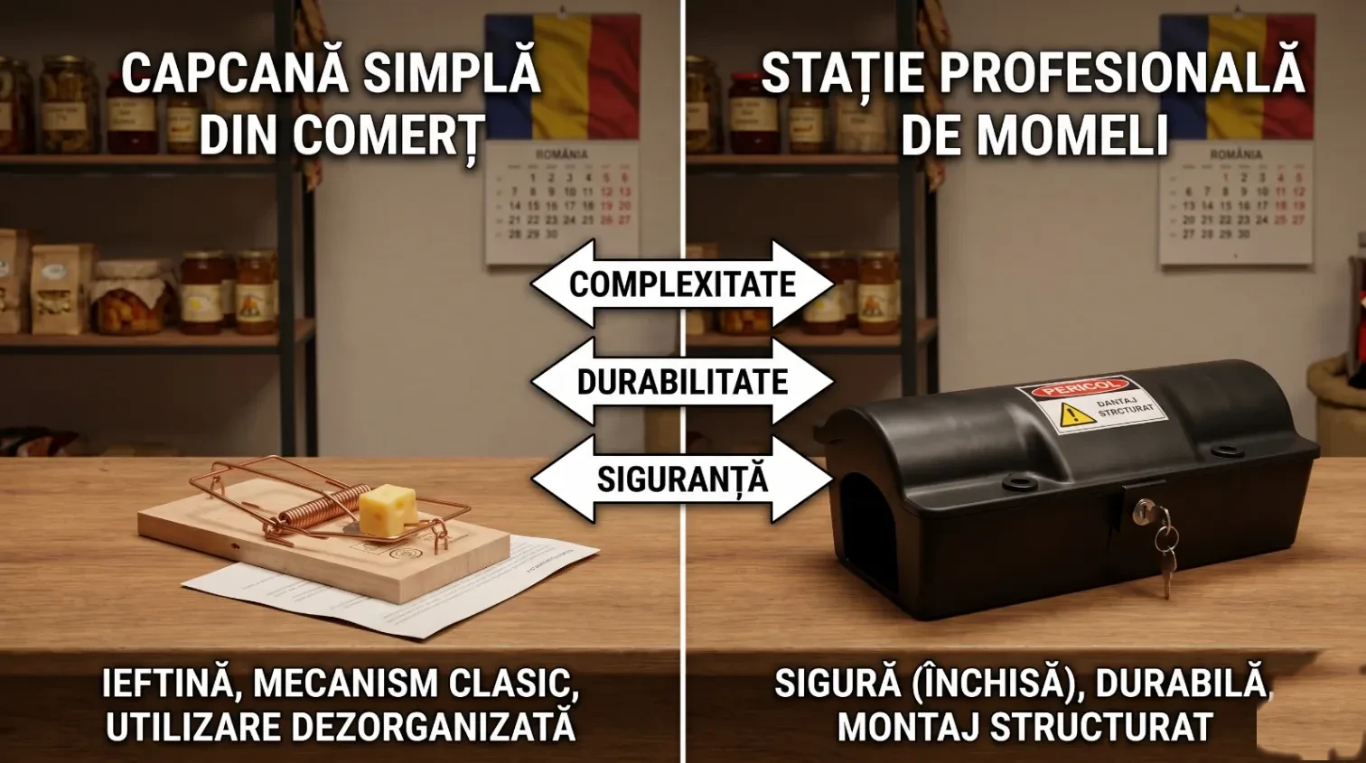 Capcană simplă din comerț versus stație profesională de momeli securizată pentru deratizare