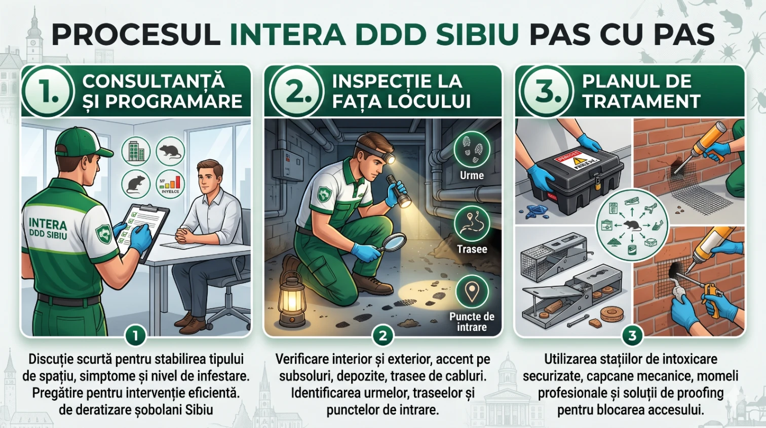Procesul de deratizare Intera DDD Sibiu pas cu pas: consultanță, inspecție la fața locului și plan de tratament