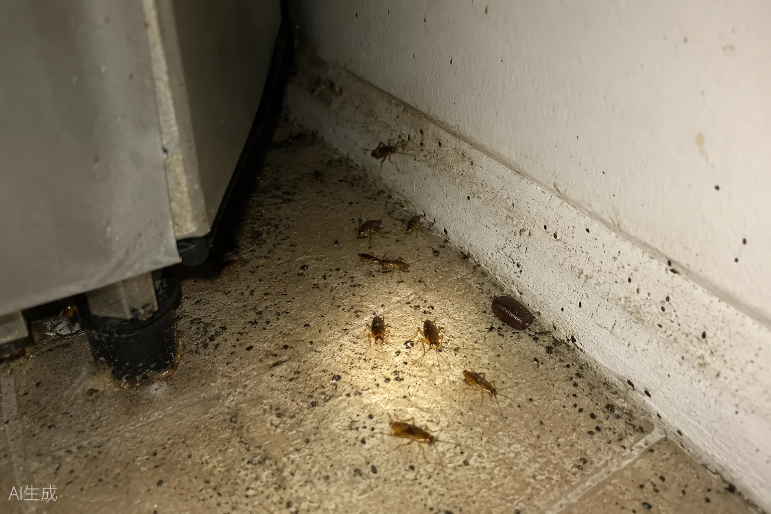 Infestare reală cu gândaci de bucătărie — gândaci, excremente și ootecă în spatele frigiderului