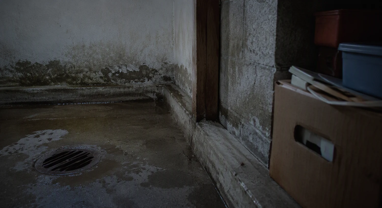 Colț umed și întunecat de subsol cu cutii de carton și scurgere de pardoseală — habitatul tipic al miriapodelor de casă