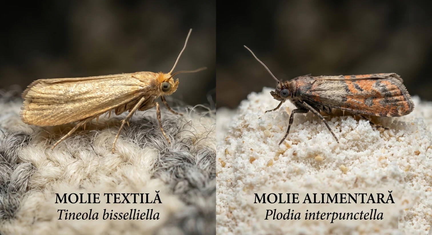 Molie textilă (Tineola bisselliella) versus molie alimentară (Plodia interpunctella) — diferențe esențiale