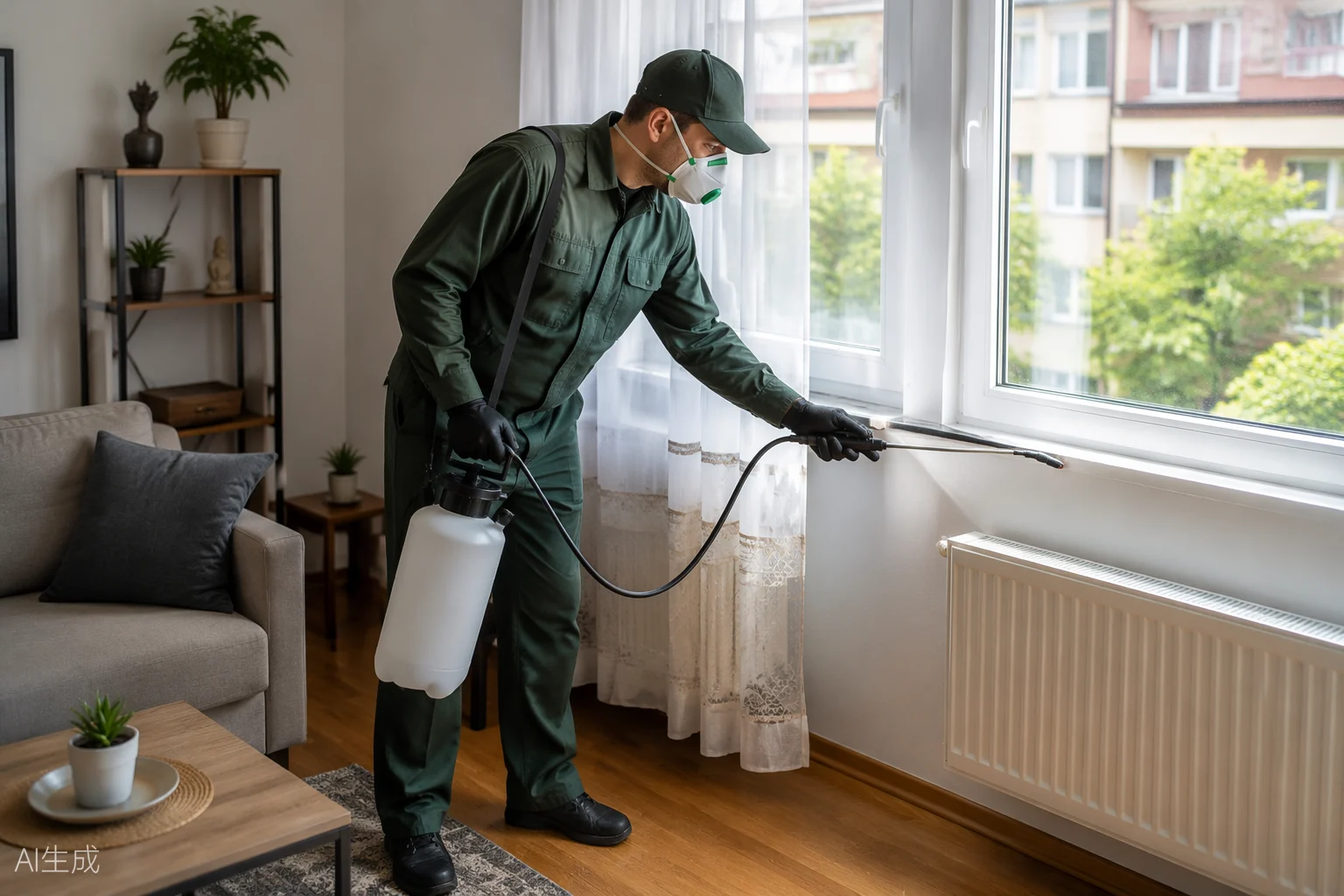 Tehnician Intera DDD Sibiu aplicând tratament de dezinsecție împotriva muștelor într-o locuință