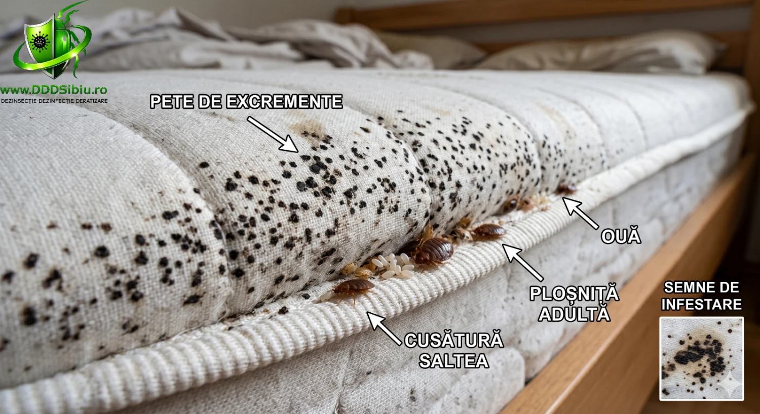 Cusătura unei saltele infestată cu ploșnițe: pete de excremente, ouă și exuvii (năpârliri)