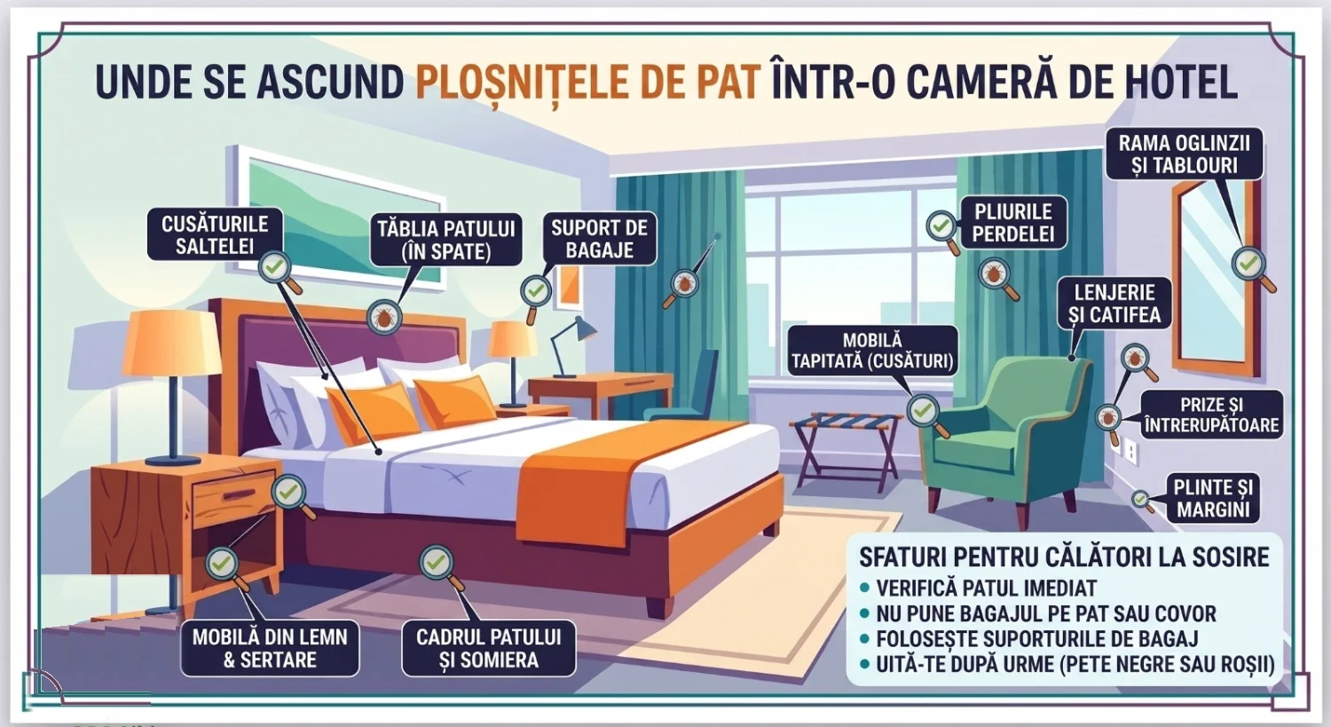 Unde se ascund ploșnițele de pat într-o cameră de hotel: saltea, somieră, noptiere, prize și bagaje