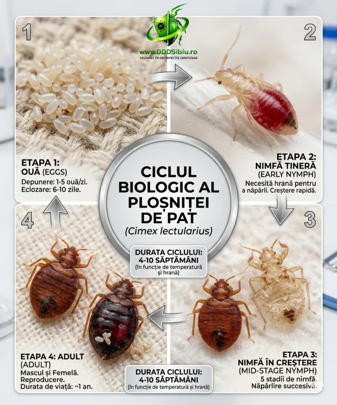 Ciclul biologic al ploșnițelor de pat (Cimex lectularius): ou, nimfă și adult