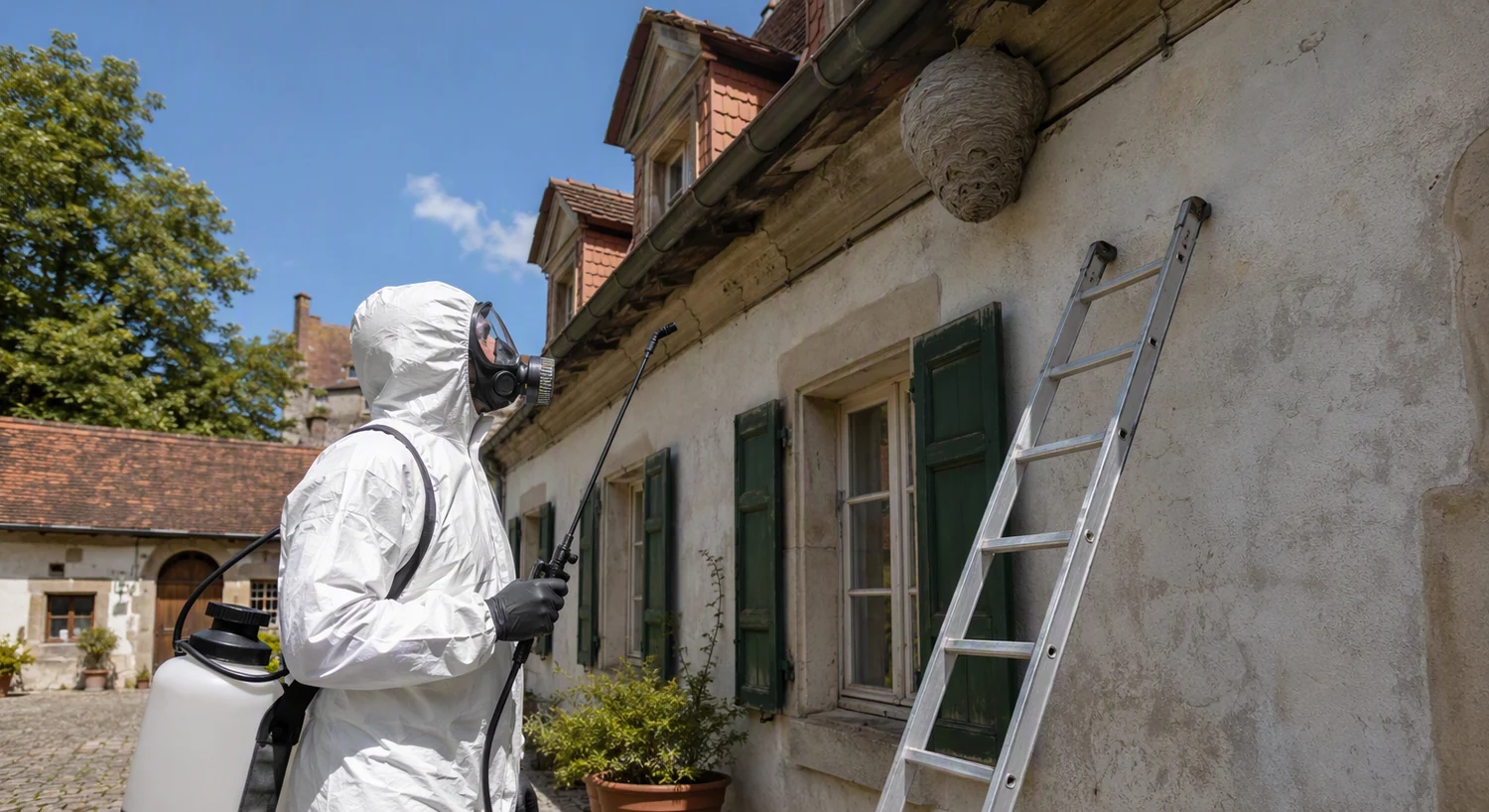 Tehnician Intera DDD în costum de protecție inspectează un cuib de viespi sub streașina unei case din Sibiu