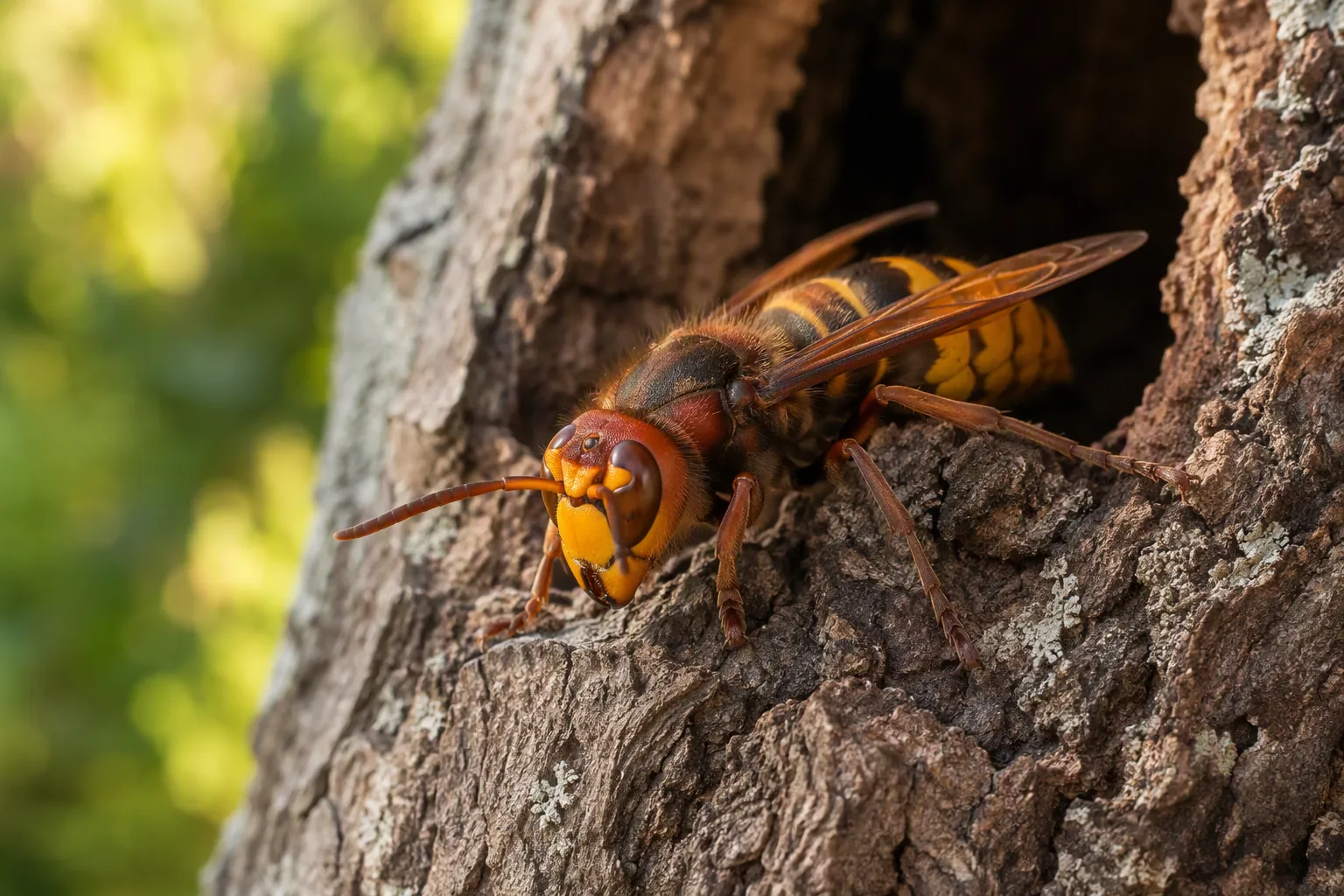 Gărgăun (Vespa crabro) la intrarea cuibului dintr-o scorbură de copac — specie întâlnită frecvent în zona Sibiu