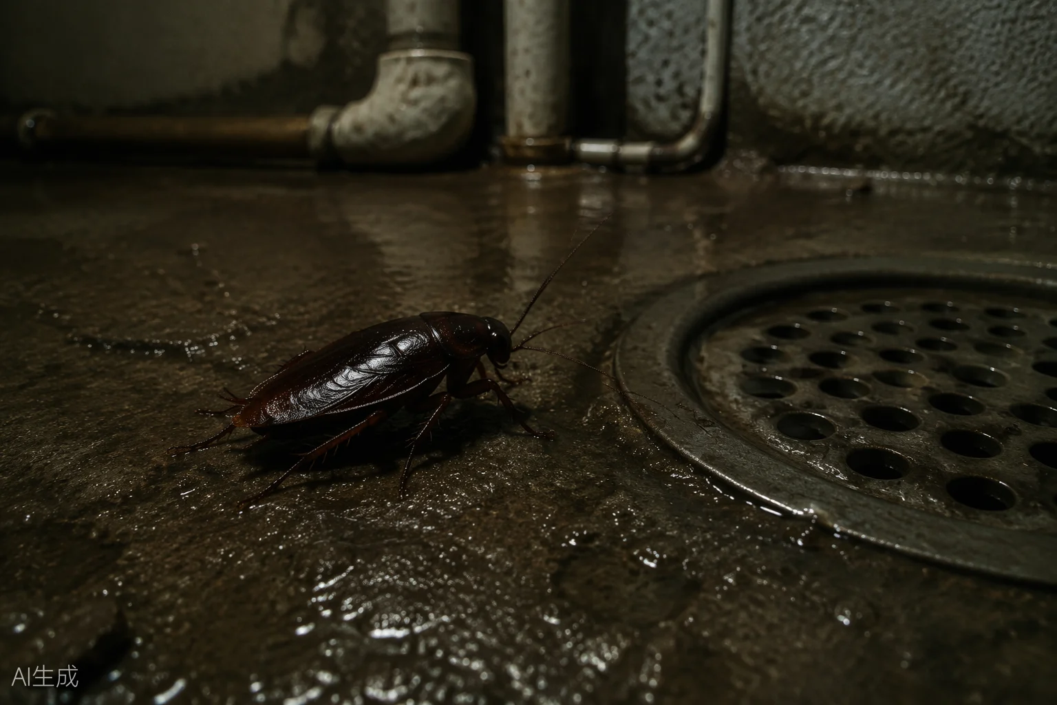 Gândac de canalizare (Blatta orientalis) lângă un sifon de pardoseală într-un subsol umed