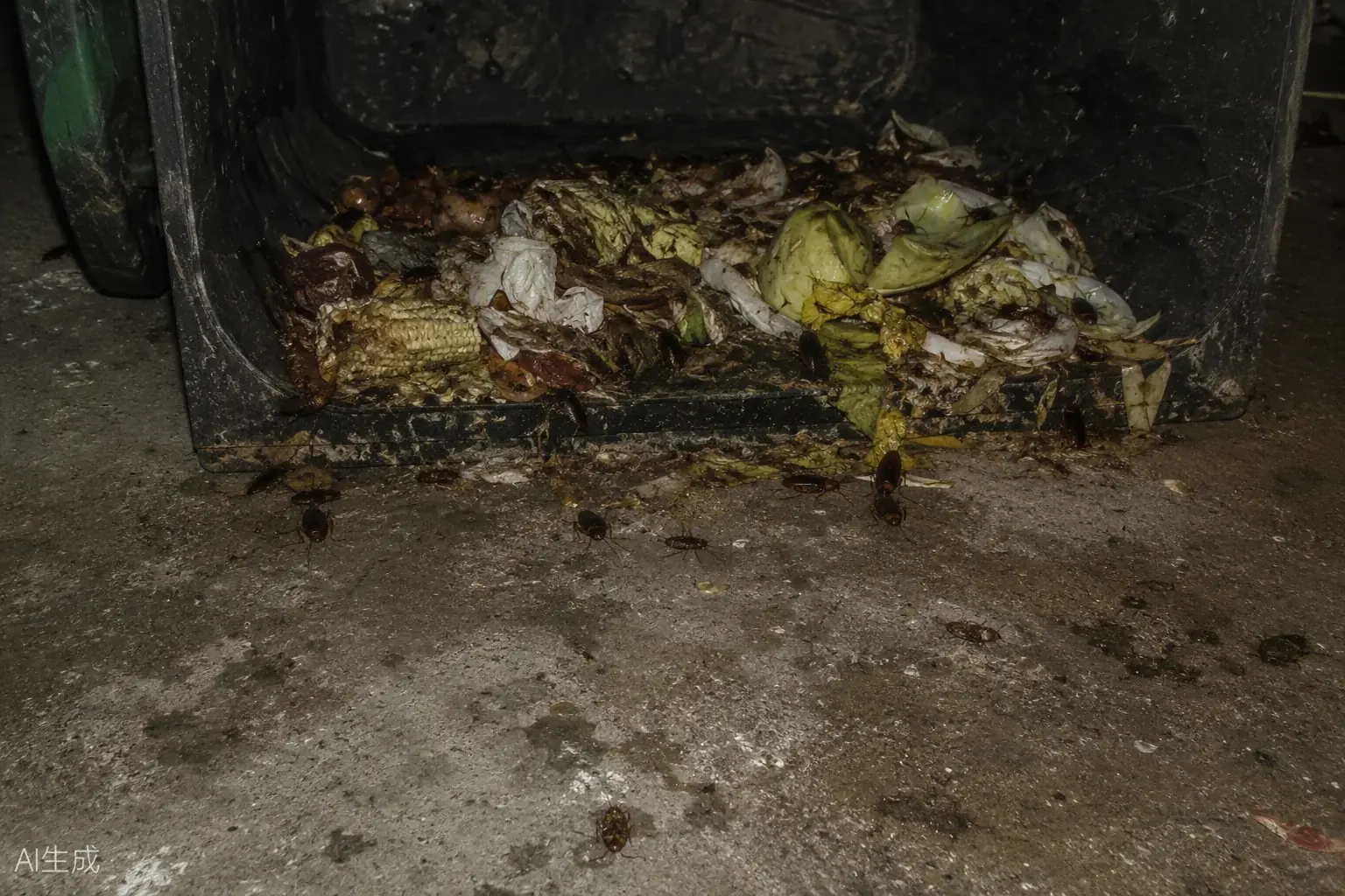 Gândaci de canalizare hrănindu-se cu resturi organice dintr-un coș de gunoi