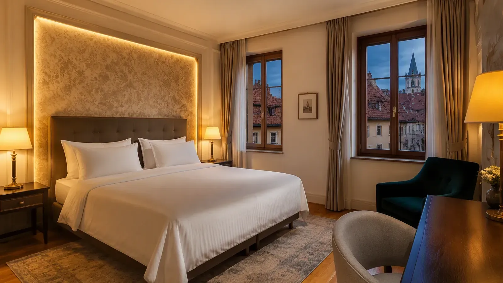 Cameră de hotel din Sibiu cu pat aranjat impecabil și vedere spre centrul istoric — unitățile de cazare cu rulaj mare de oaspeți, expuse riscului de infestare cu ploșnițe