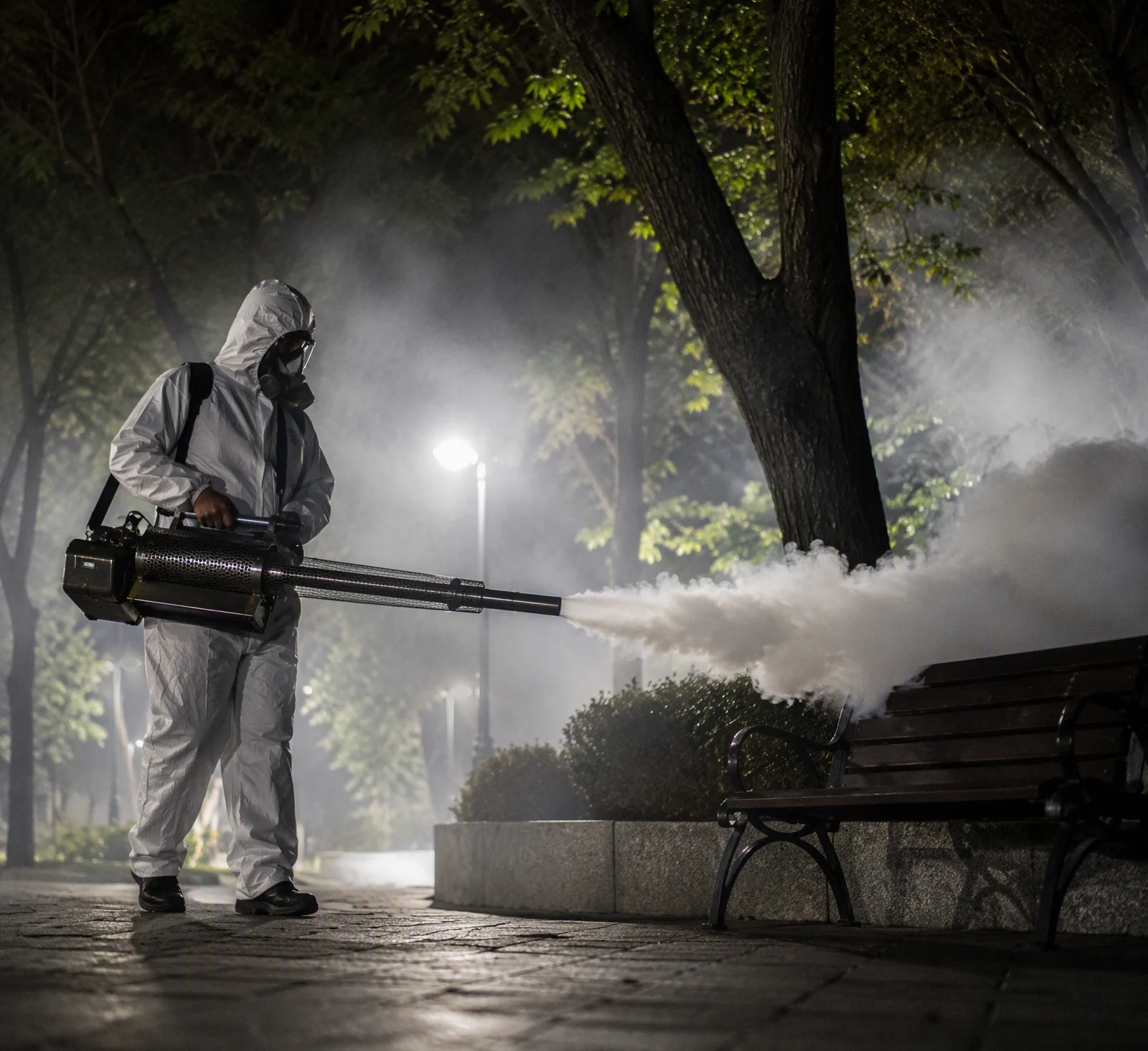 Operator Intera DDD aplicând tratament de termonebulizare nocturn într-o zonă publică din Sibiu